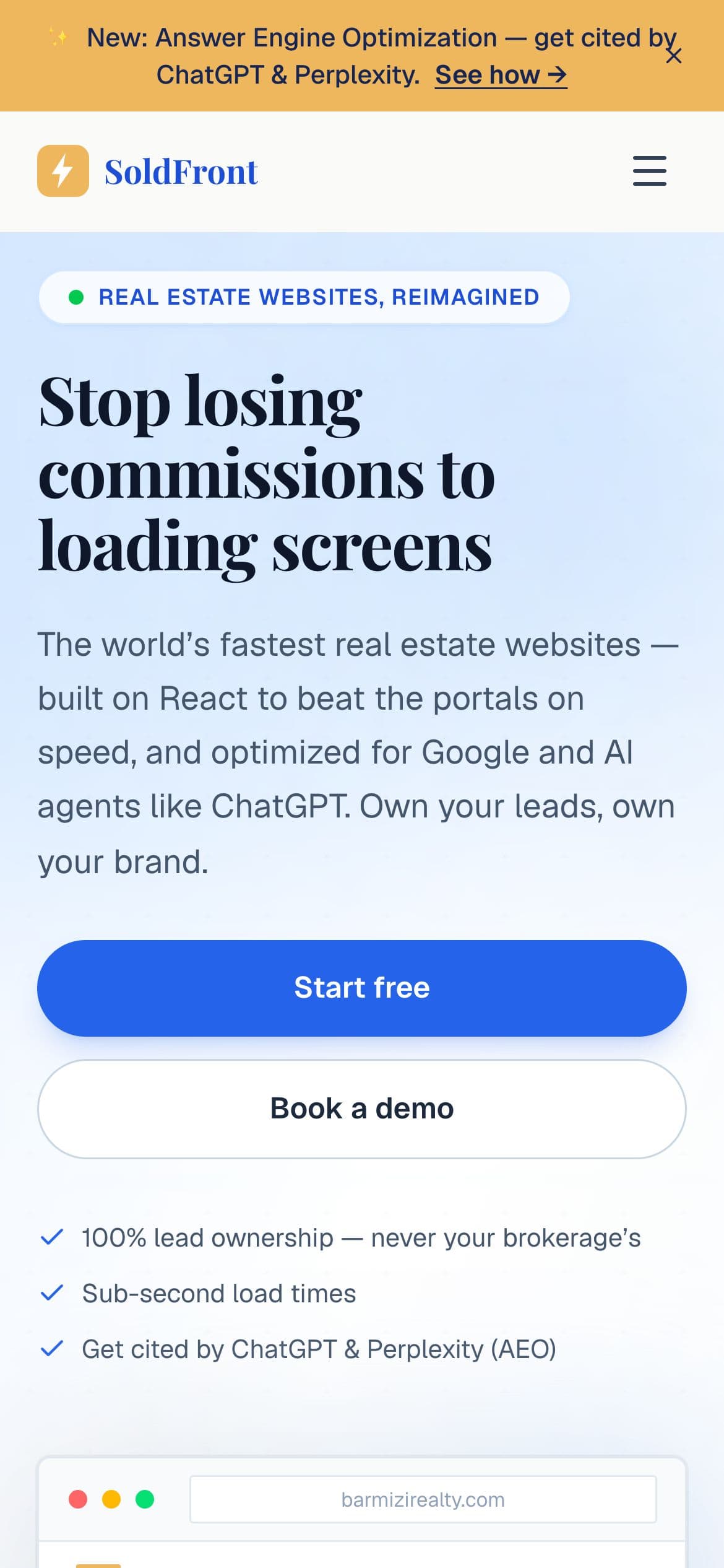 SoldFront home page on a phone