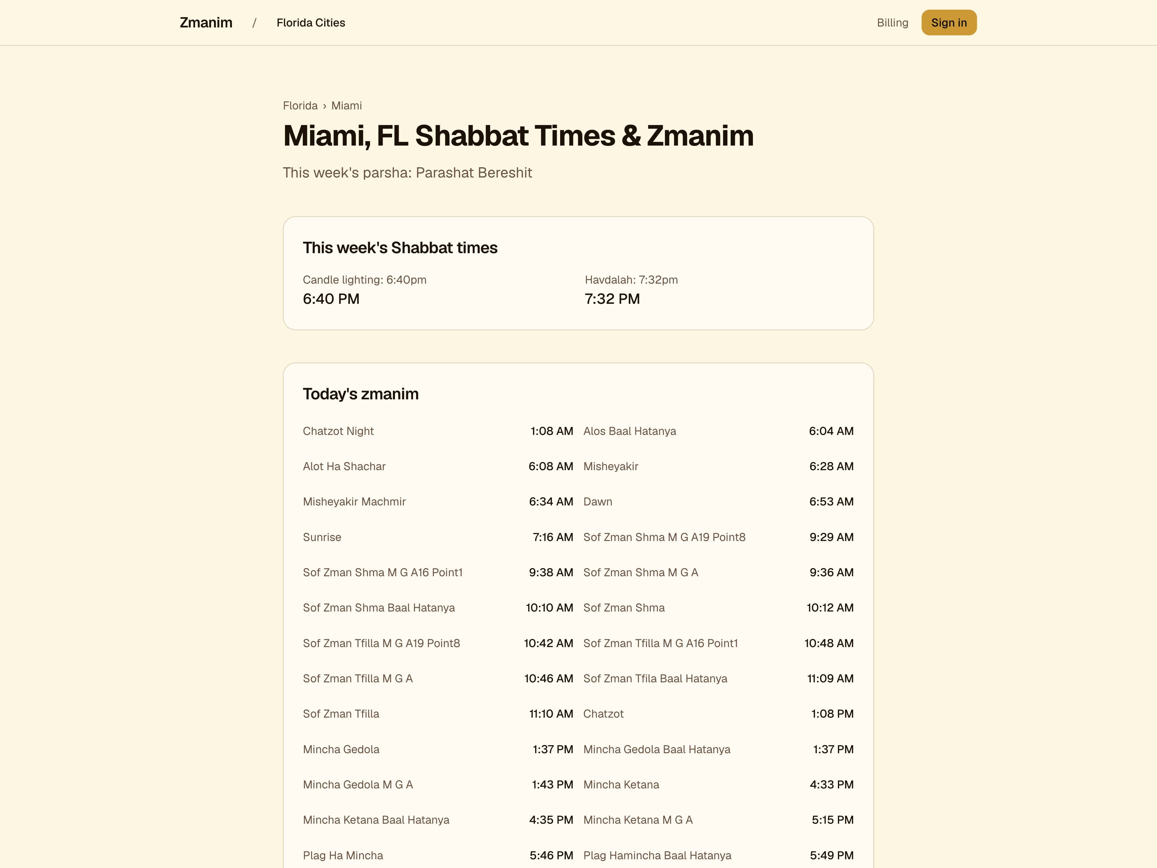 Zmanim: Miami city page