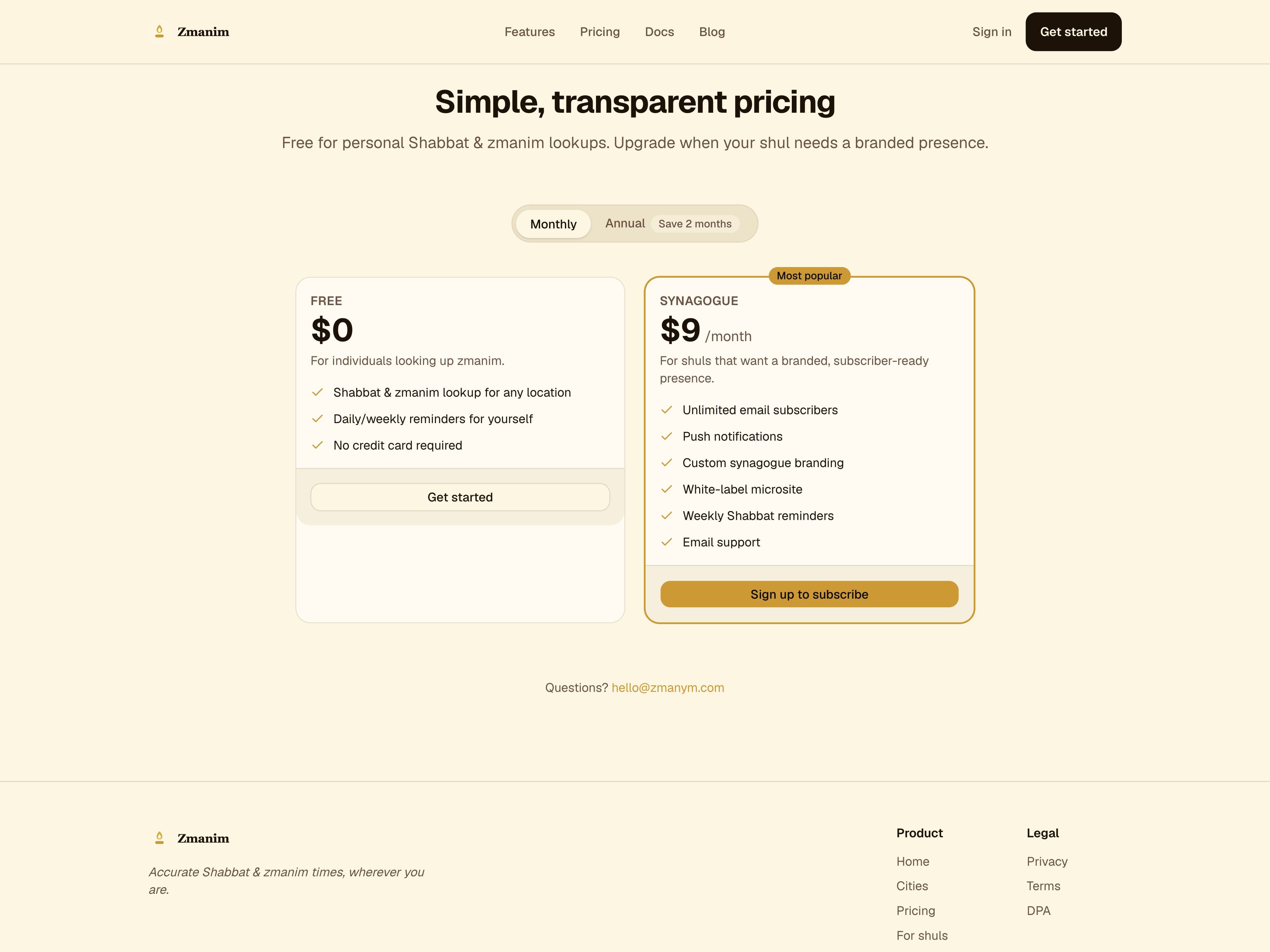 Zmanim: Pricing