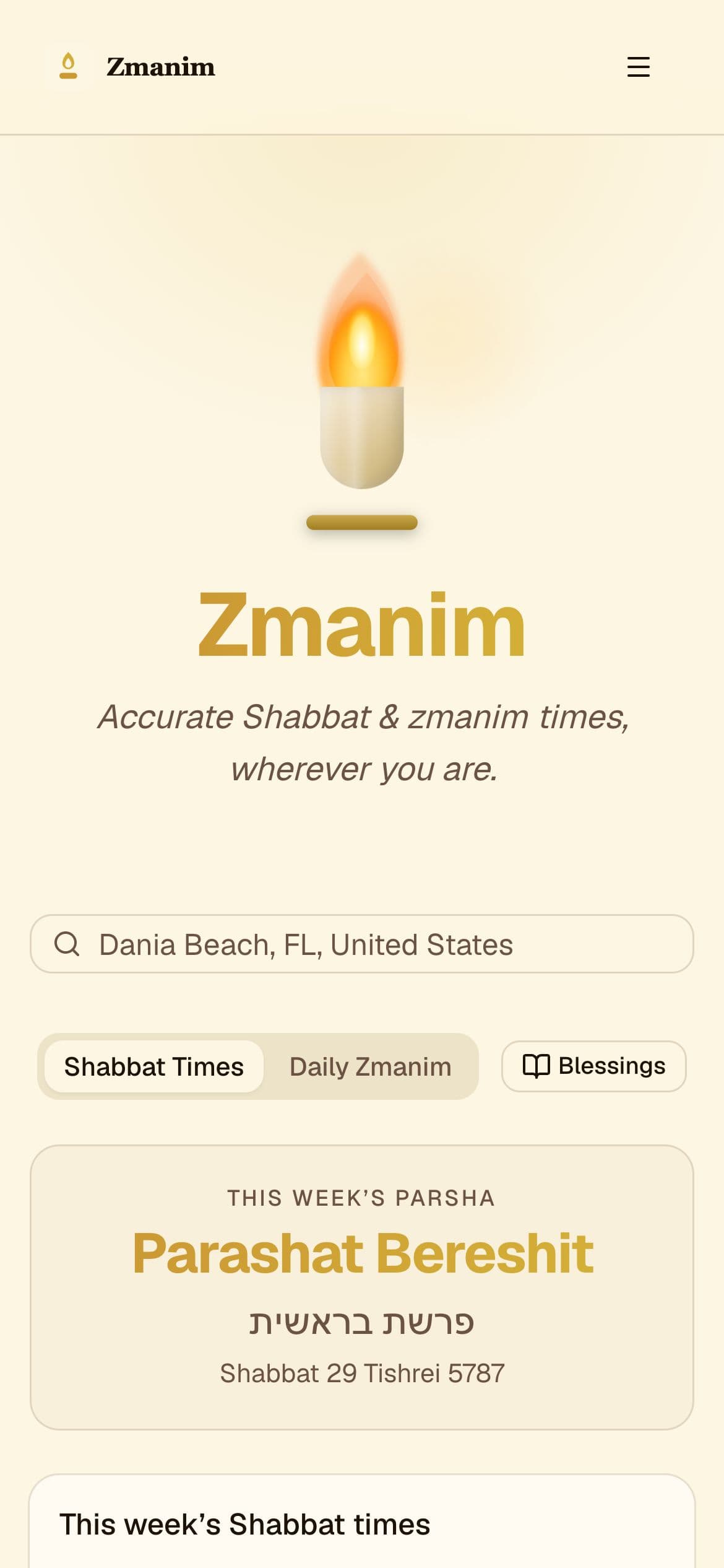 Zmanim home page on a phone